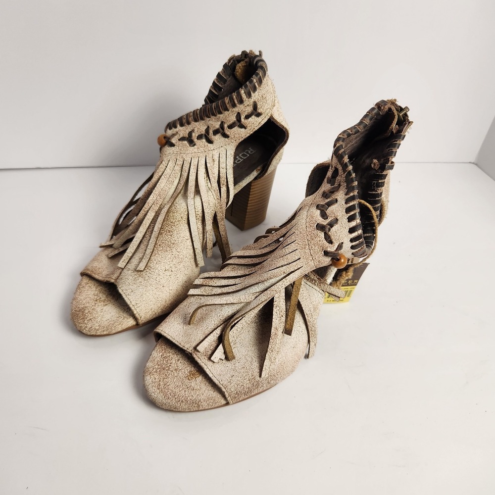 ROPER Women' Toe Heeled Sandal Women 8.5 Beige White Fringe Leather Western Boho